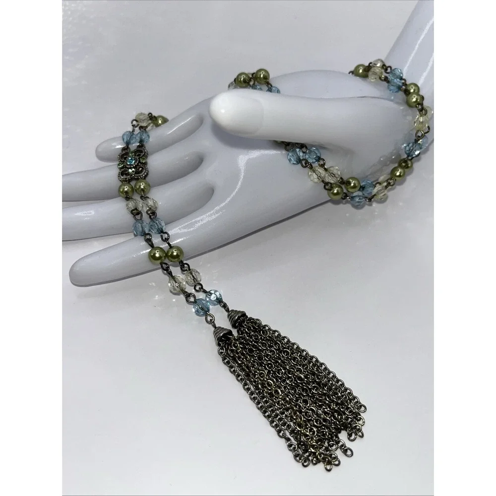 1928 Necklace Antiqued Faceted Beads Faux Pearls Tassels Lariat Style Estate 32" - Picture 3 of 3